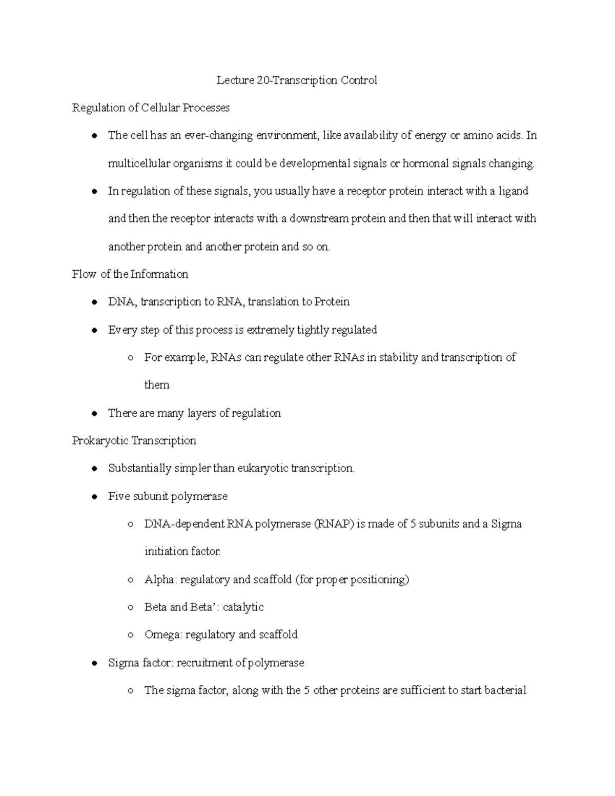 Cell Bio Test 5 Lecture notes 2026 Lecture 20Transcription