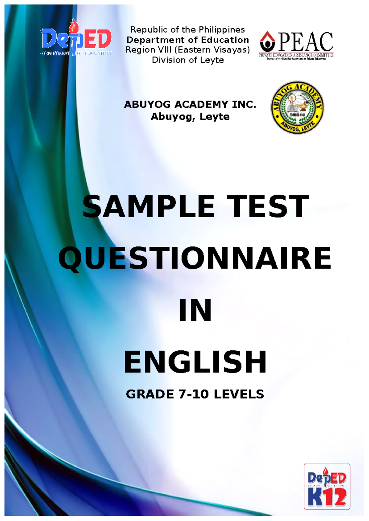 Sample TEST Questions Grade 7-10 - Republic of the Philippines ...