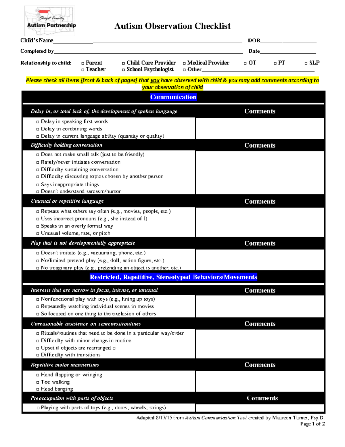 Smart Observation Checklist - Adapted 8/17/15 from Autism Communication ...