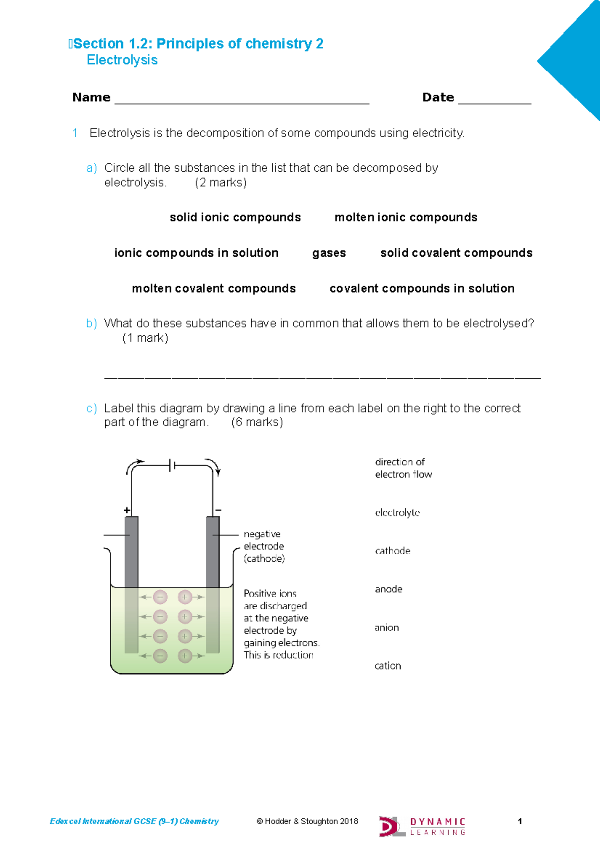 WorksheetElectrolysis Section 1 Principles of chemistry 2