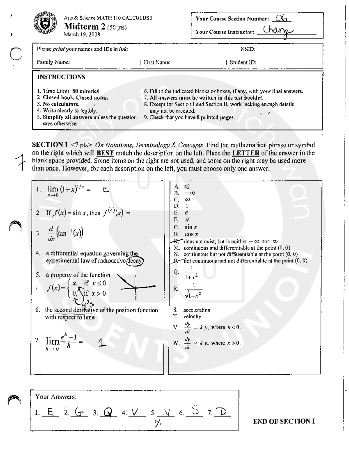 Exam 2008, questions and answers - W Arts Science MATH 110 CALCULUS l ...