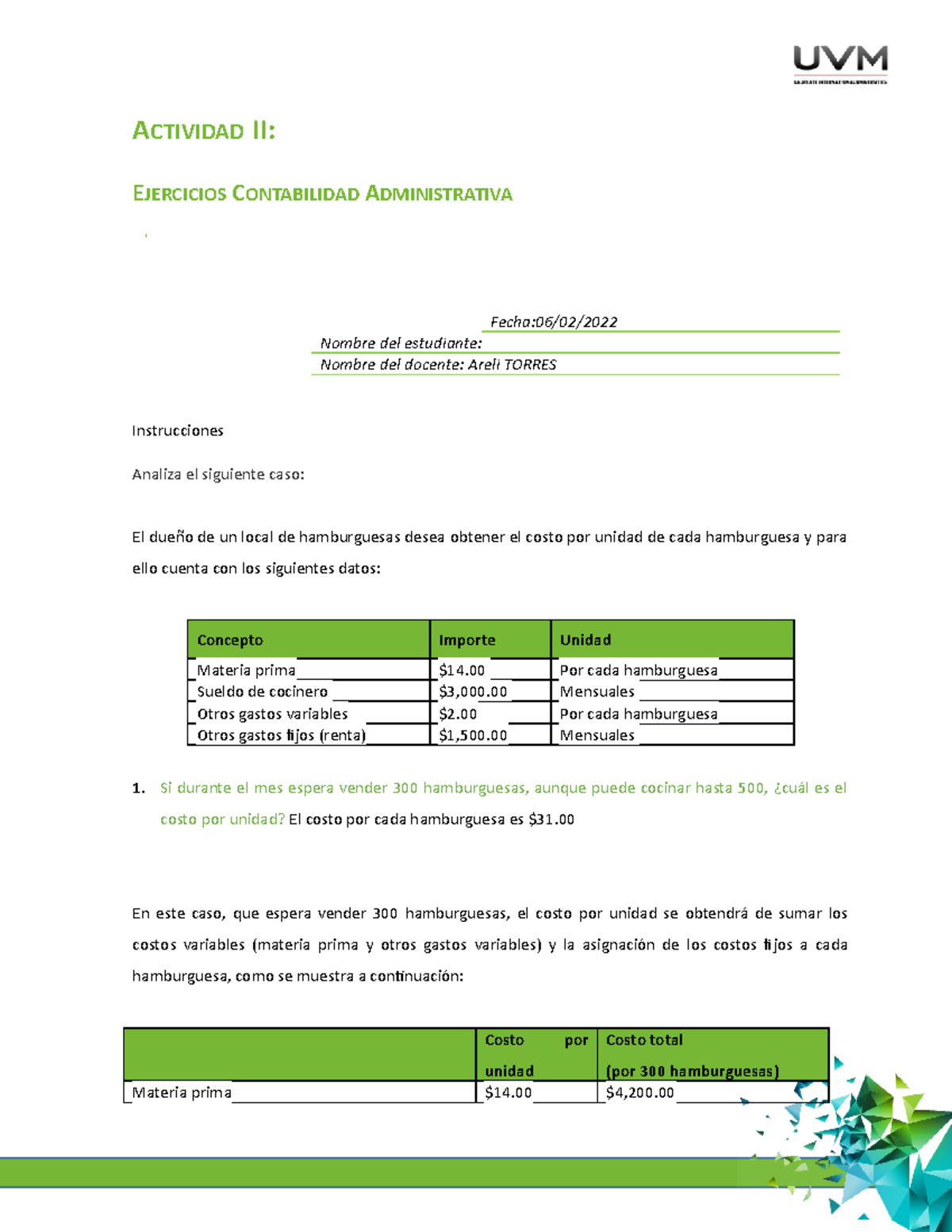 A2 AVC - CONTABILIDAD ADMINISTRATIVA - ACTIVIDAD II: EJERCICIOS ...