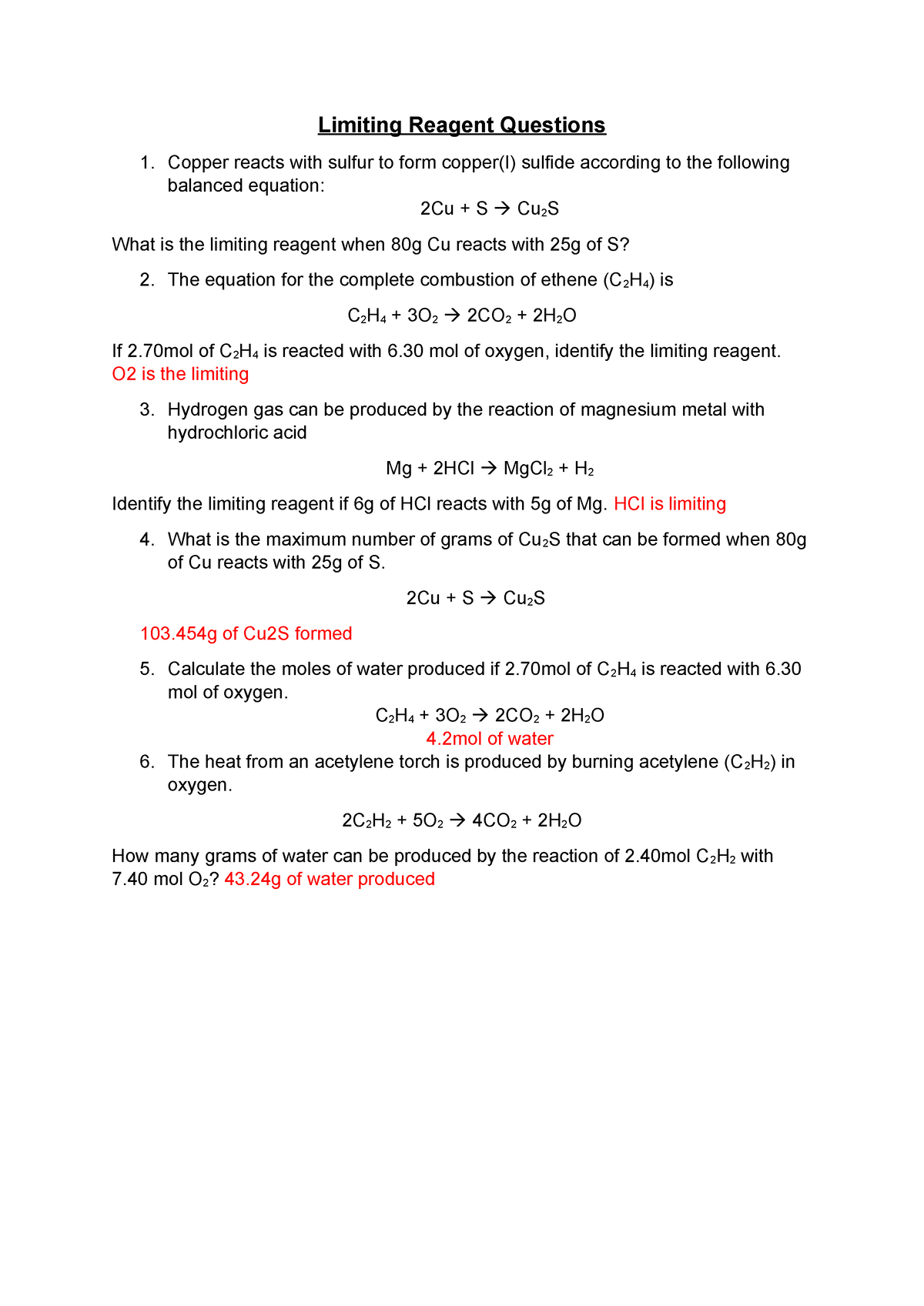 Limiting reagent questions Copy Limiting Reagent Questions