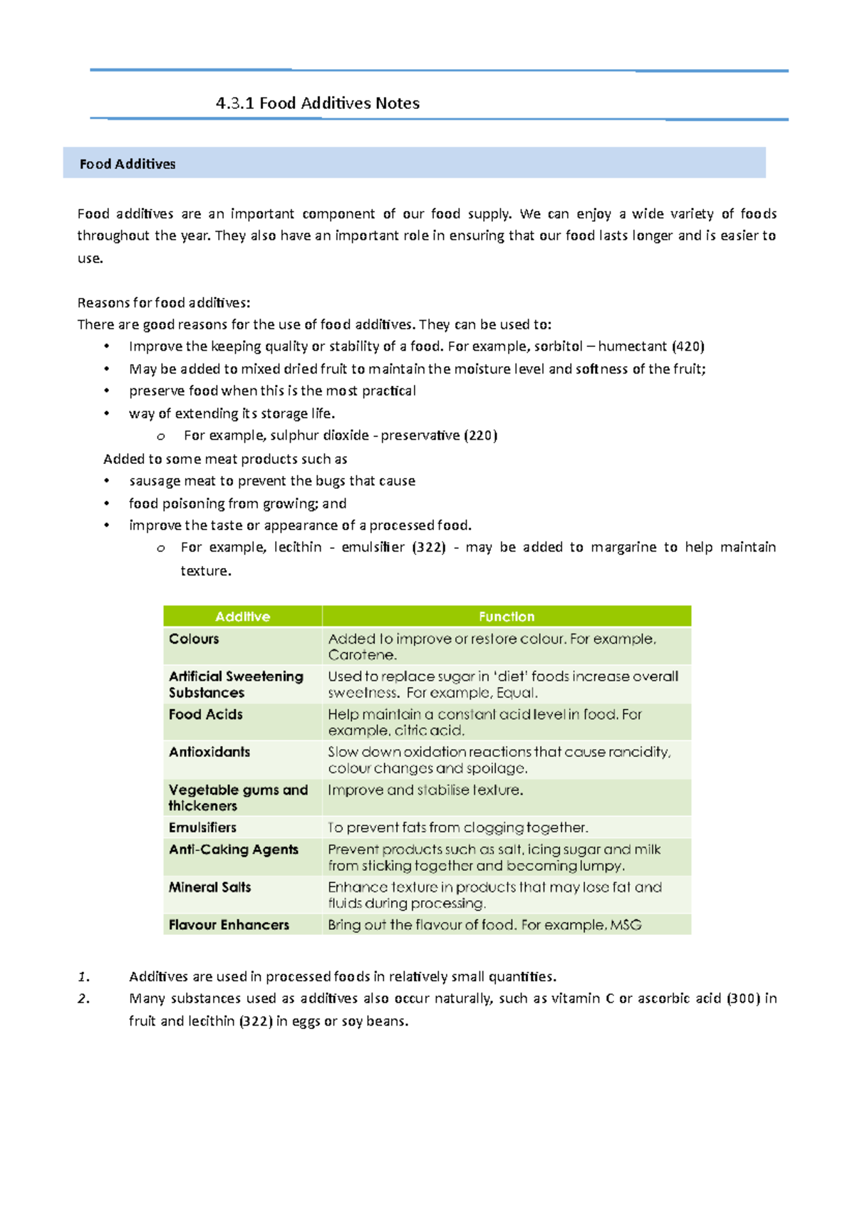 4.3.1 Food Additives Notes - 4.3 Food Additives Notes Food additives ...