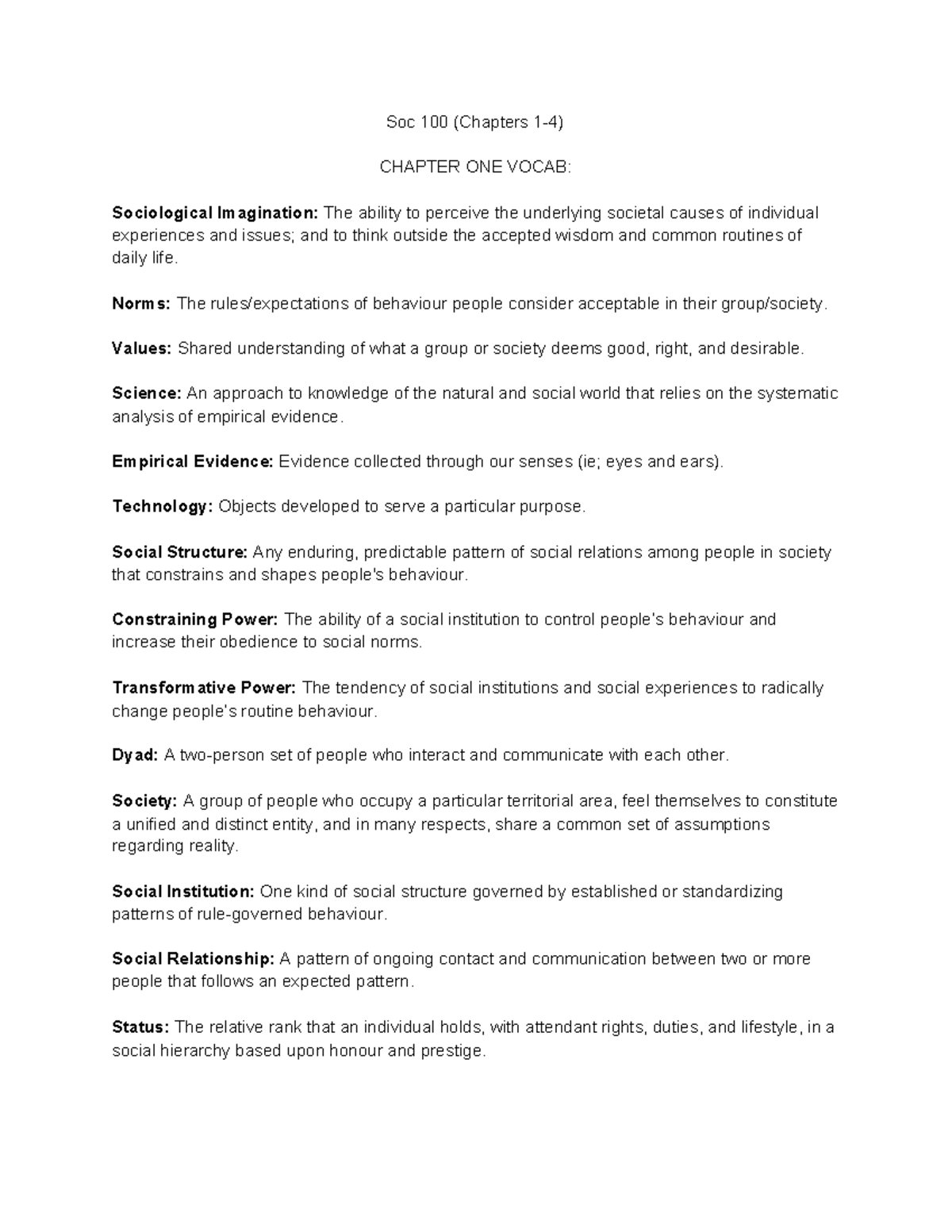 Soc 100 ( Textbook Notes) - Soc 100 (Chapters 1-4) CHAPTER ONE VOCAB ...