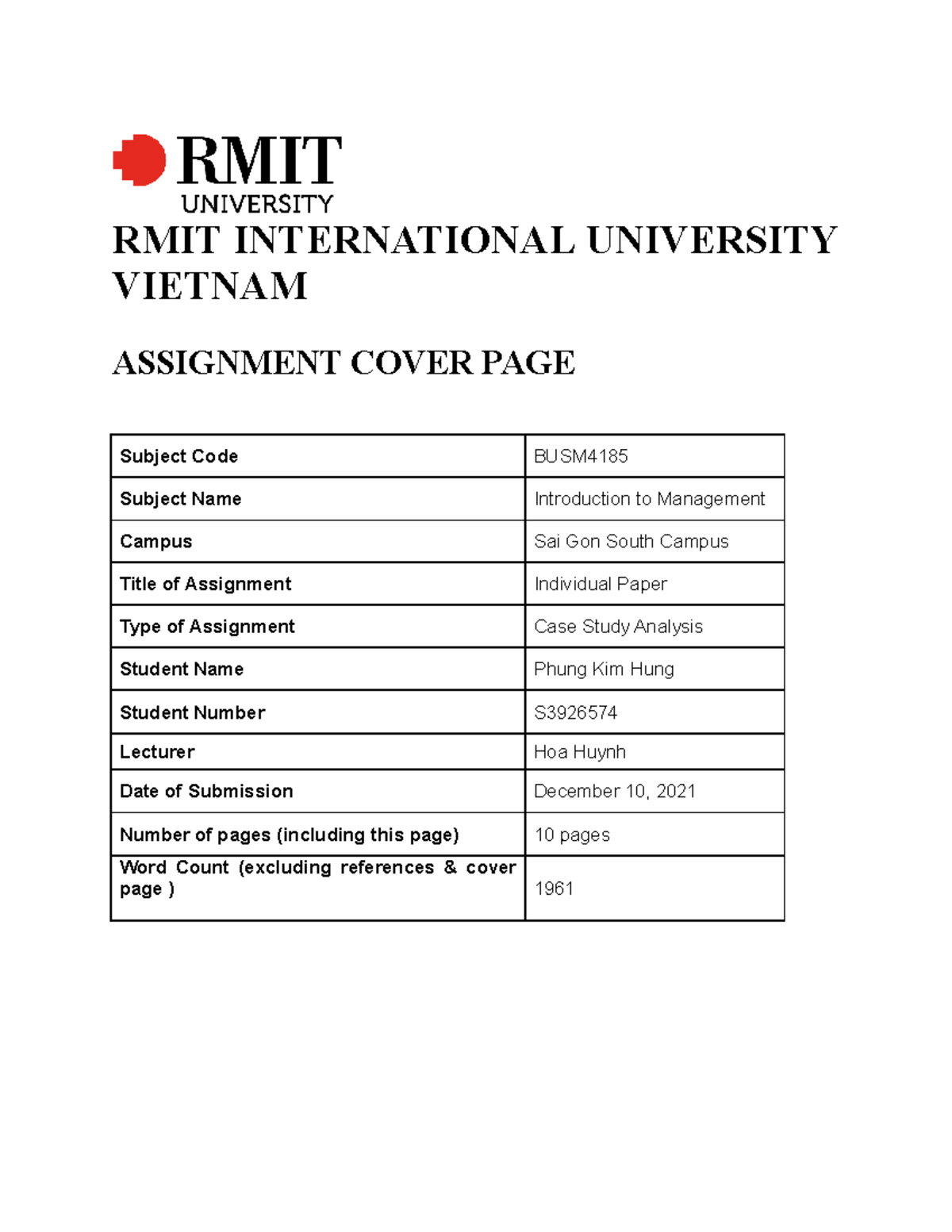 Case Study 2 - Introduction to Management - RMIT INTERNATIONAL ...