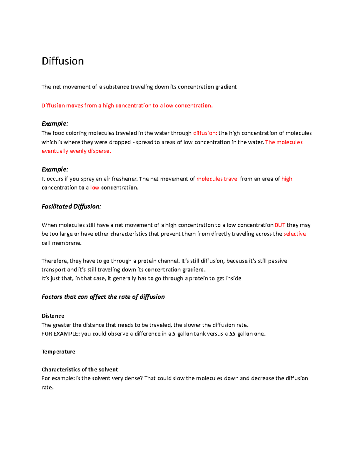 Biology Notes Term 1 2024 - Diffusion The net movement of a substance ...
