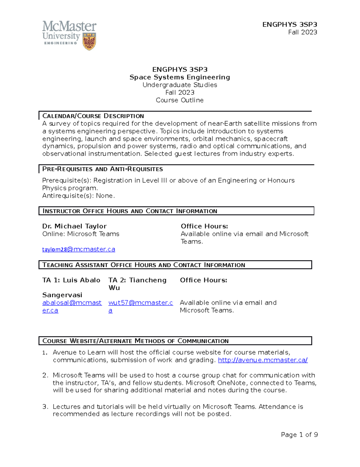E Ngphys 3SP3 Course Outline 09012023 Fall 2023 ENGPHYS 3SP Space