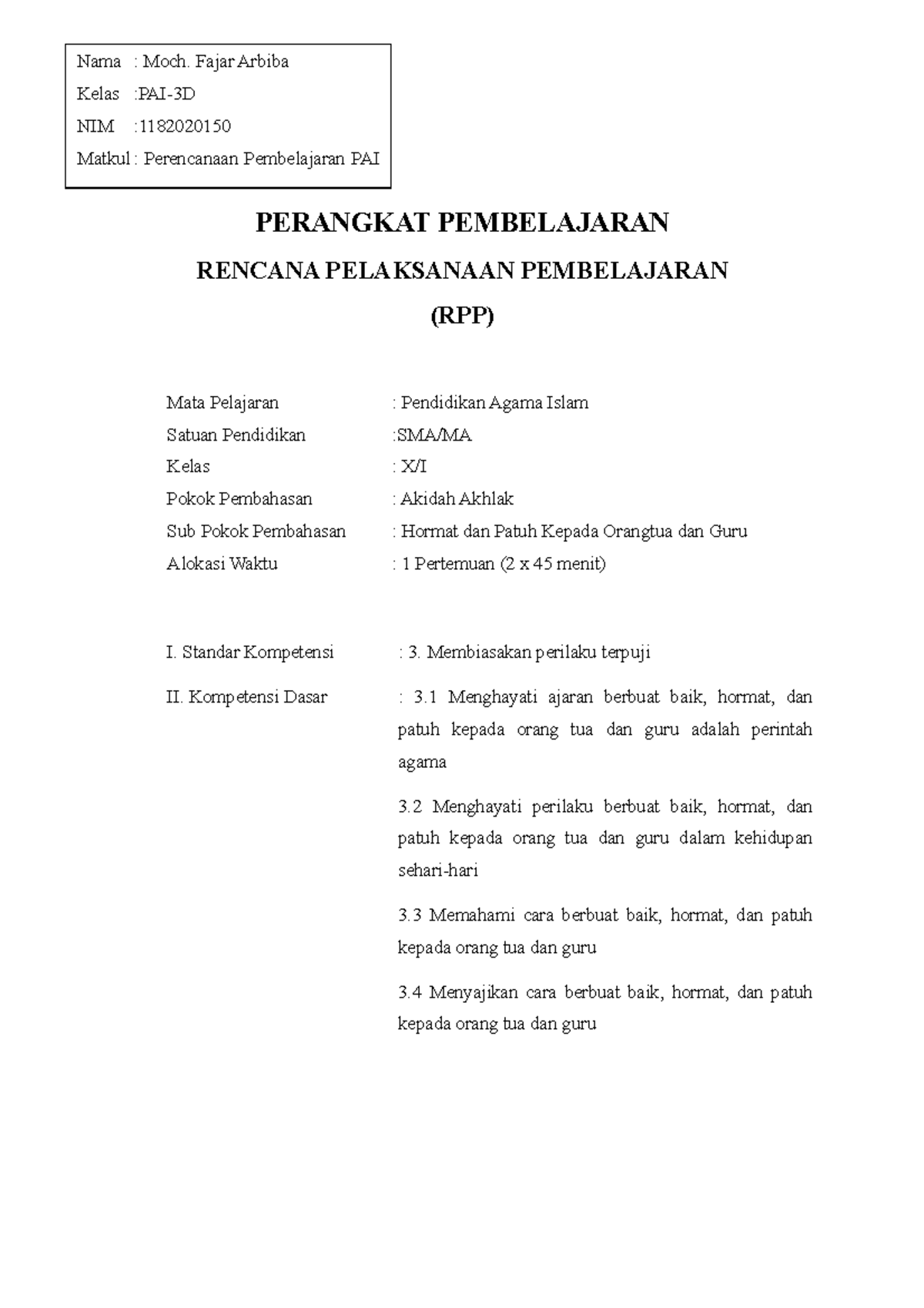 RPP PPAI 2 - Mata Pelajaran : Pendidikan Agama Islam Satuan Pendidikan ...