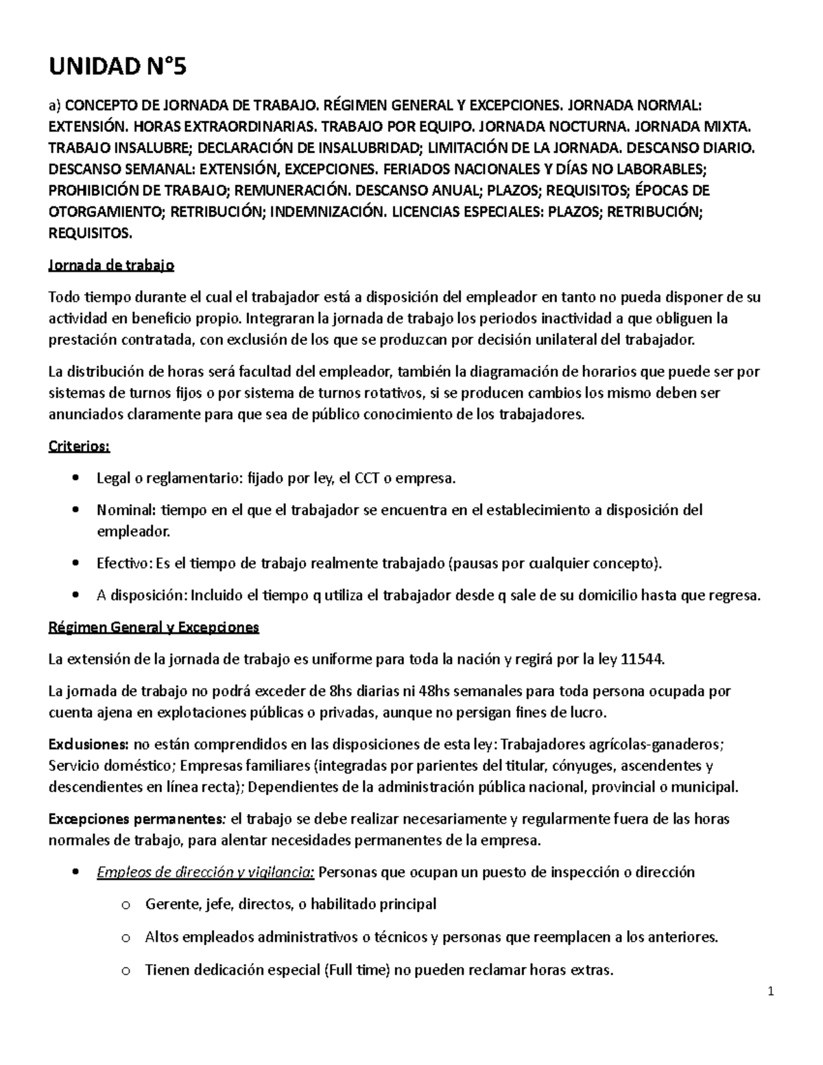 Unidad N°5 LABORAL - UNIDAD N° a) CONCEPTO DE JORNADA DE TRABAJO ...