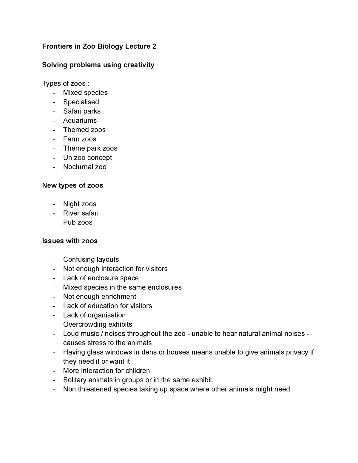 Frontiers in Zoo biology lecture 2 - Studocu