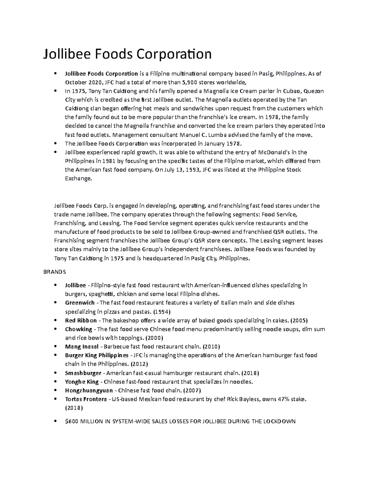 Jollibee FOOD CORP. SWOT AND Presentation Operations Management CBME