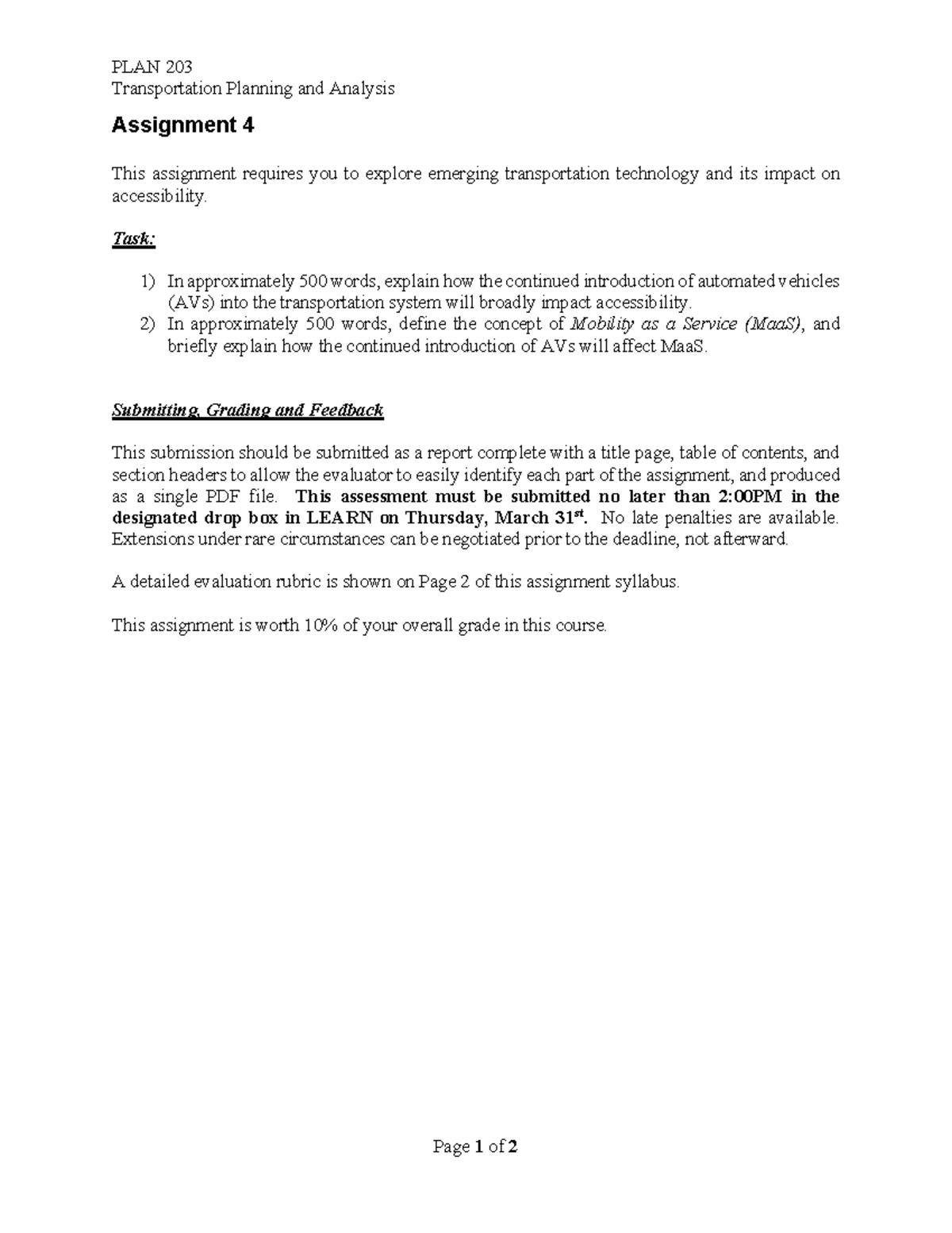 Assignment 4 - PLAN 203 Transportation Planning and Analysis Page 1 of ...
