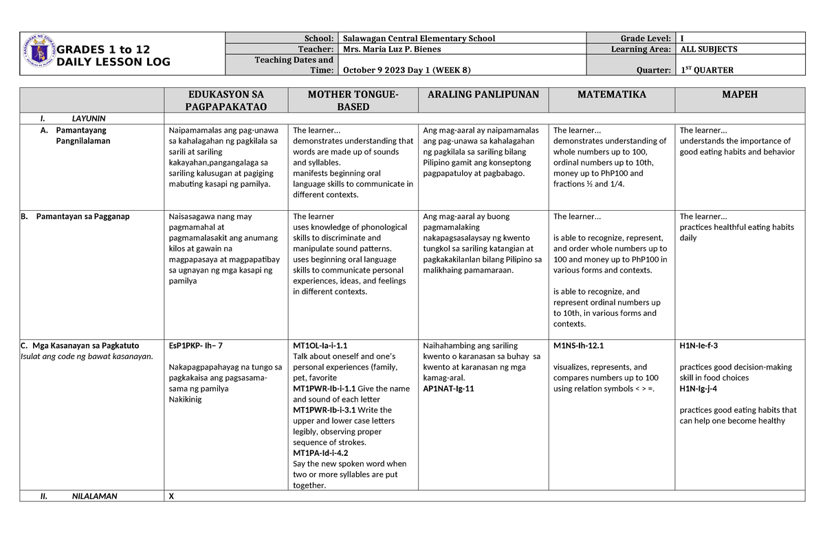 Grade 1 DLL All Subjects Q1 Week 8 Day 1 - GRADES 1 To 12 DAILY LESSON ...