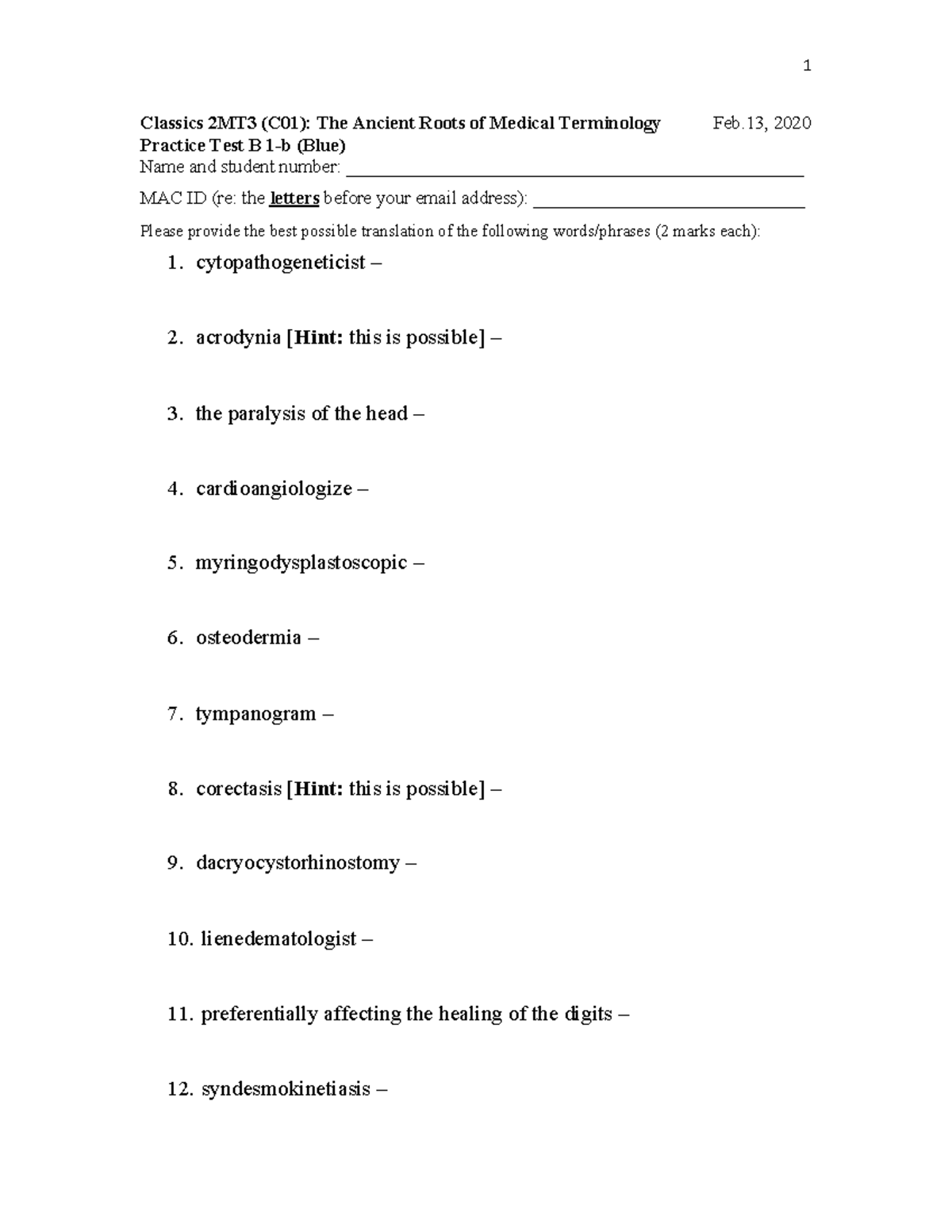 Practice Test B 1b Blue - 1 Classics 2MT3 (C01): The Ancient Roots Of ...