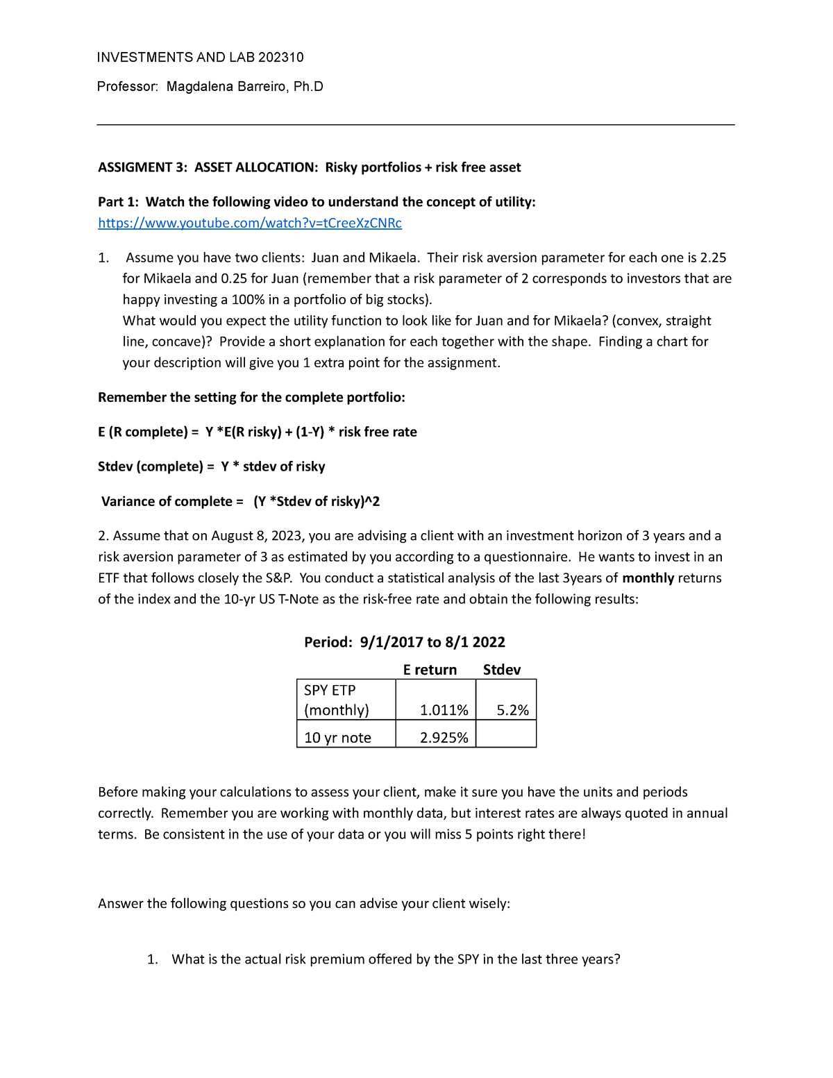 Assignment 3 Asset Allocation - INVESTMENTS AND LAB 202310 Professor ...