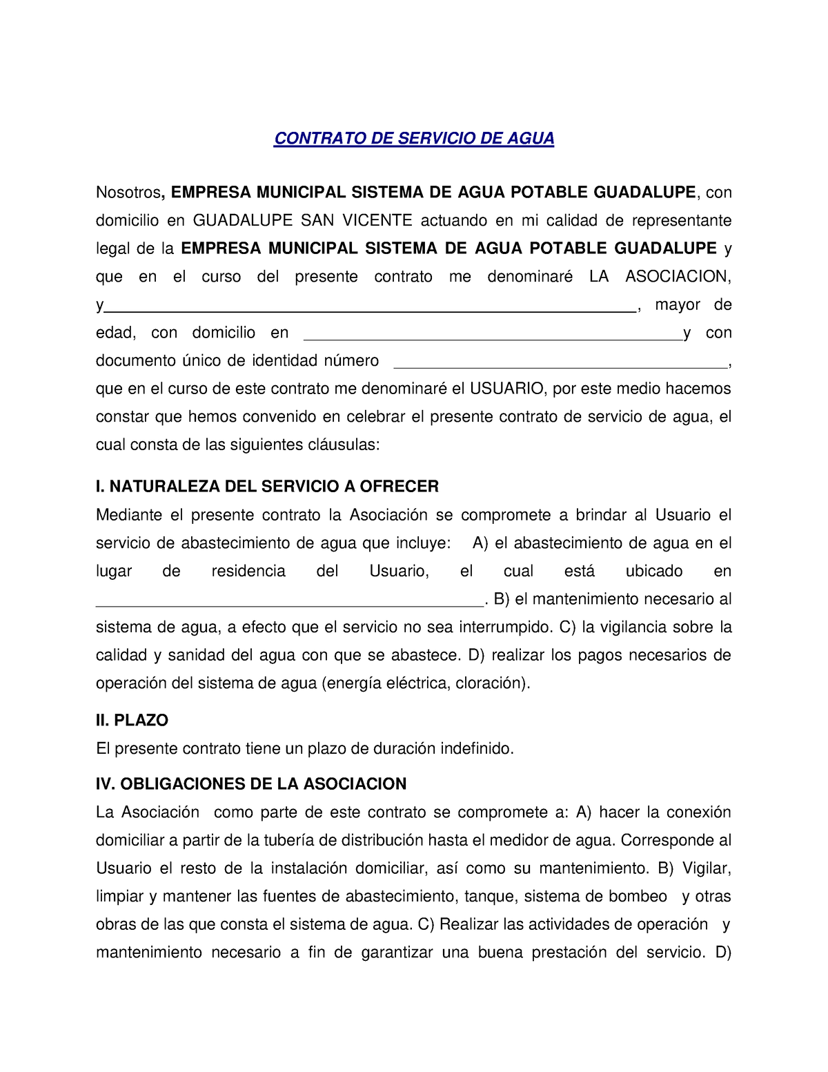 Contrato Vigente Contrato De Servicio De Agua Nosotros Empresa