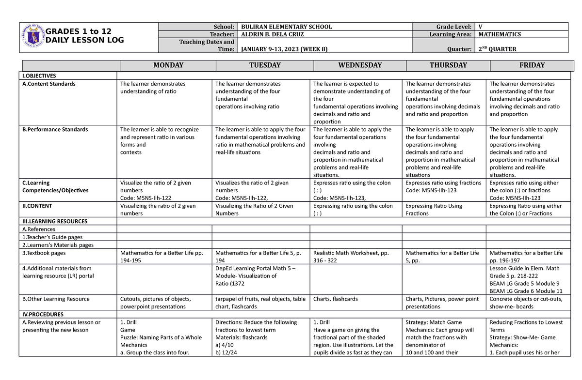 DLL Mathematics 5 Q2 W8 - None - GRADES 1 To 12 DAILY LESSON LOG School ...