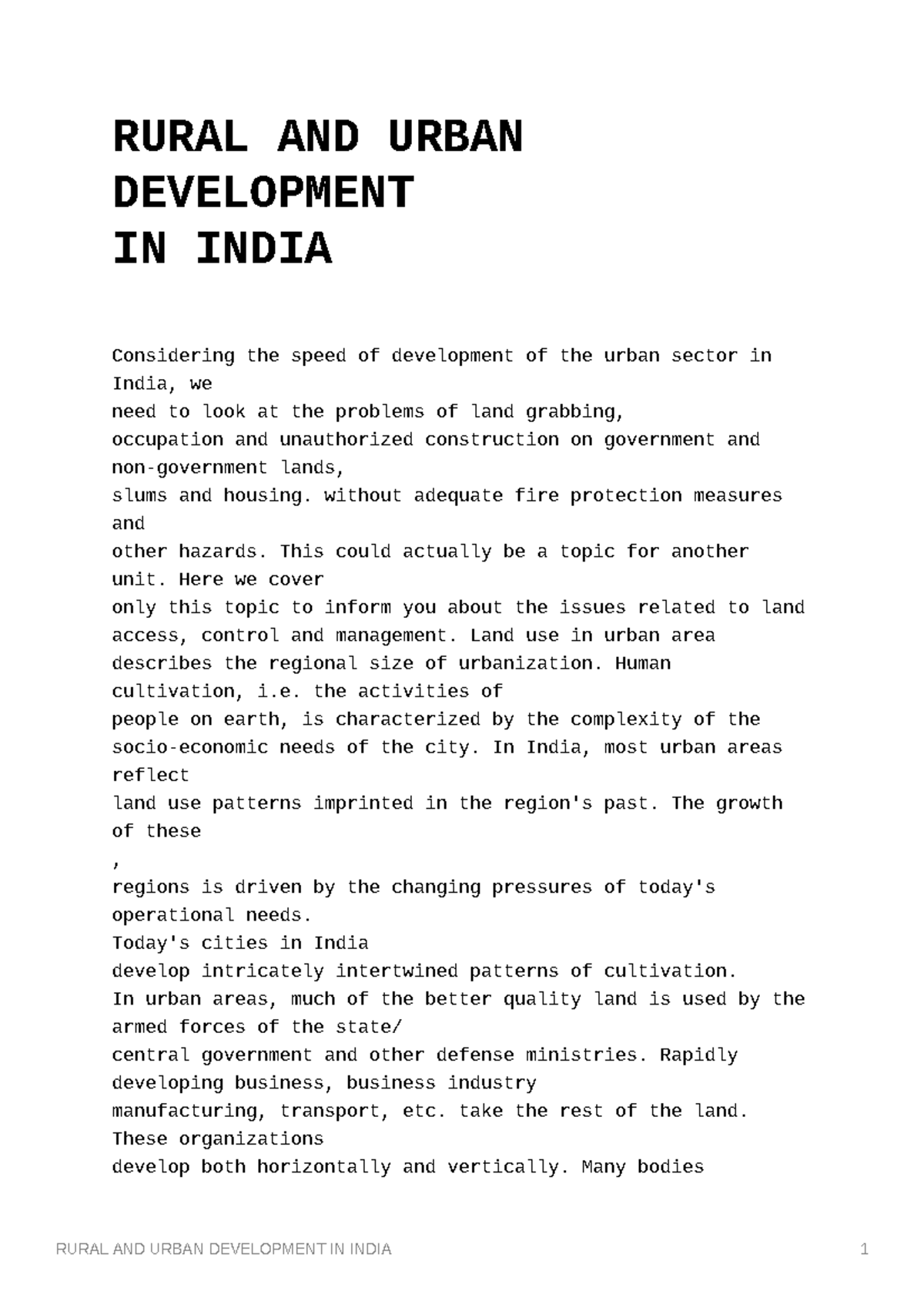 Rural AND Urban Development IN India - RURAL AND URBAN DEVELOPMENT IN ...