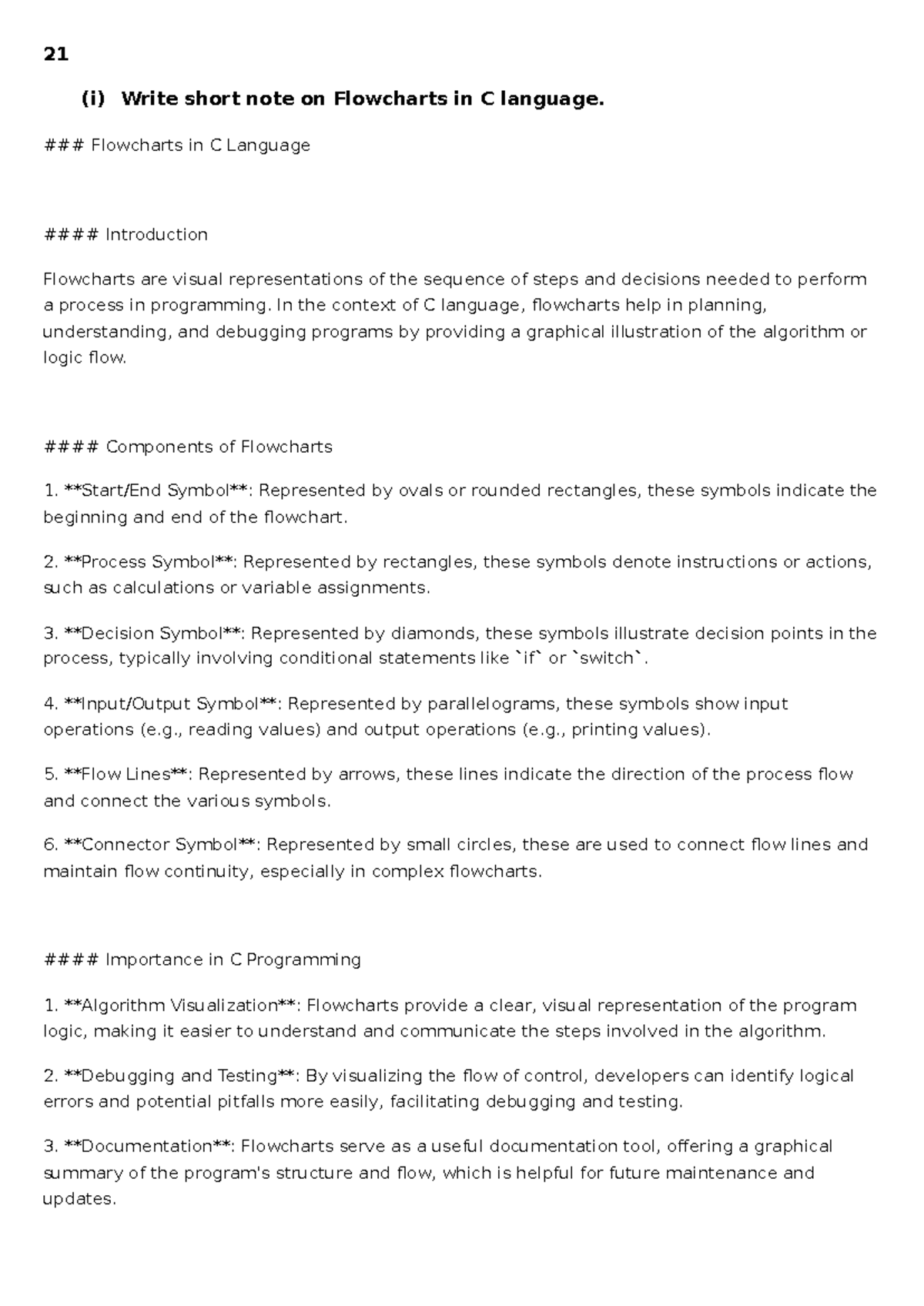 Iccpl 2-1 - 21 (i) Write short note on Flowcharts in C language ...