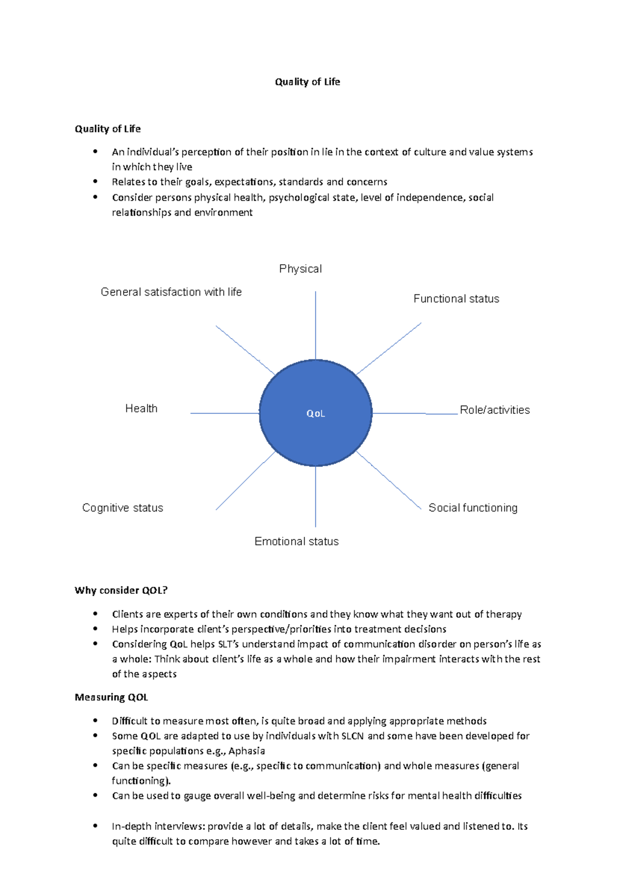 Quality of Life - Quality of Life Quality of Life An individual’s ...