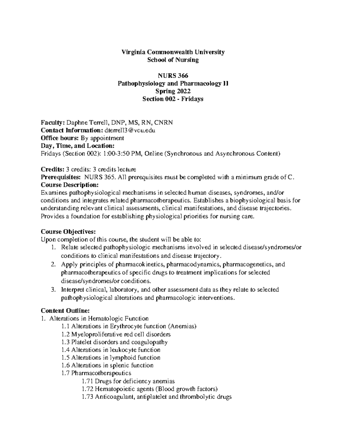 Nurs 366 syllabus - notes - Virginia Commonwealth University School of ...