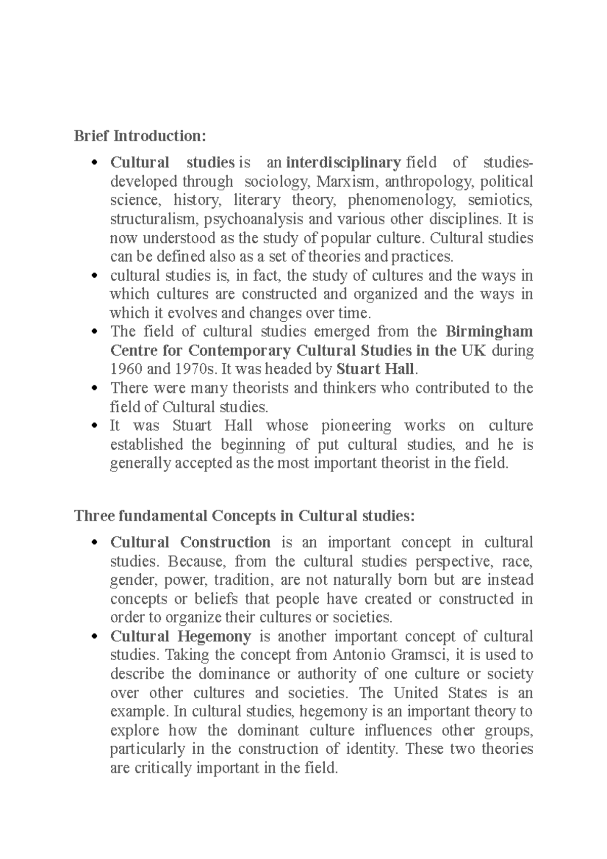 Cultural studies-Intro - Brief Introduction: Cultural studies is an ...