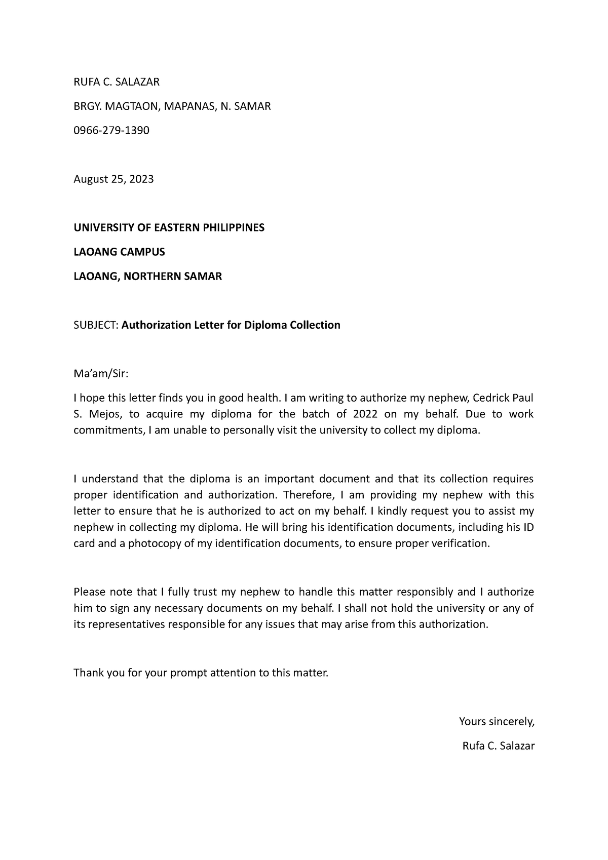 Authorization - Letter - Rufa C. Salazar Brgy. Magtaon, Mapanas, N 