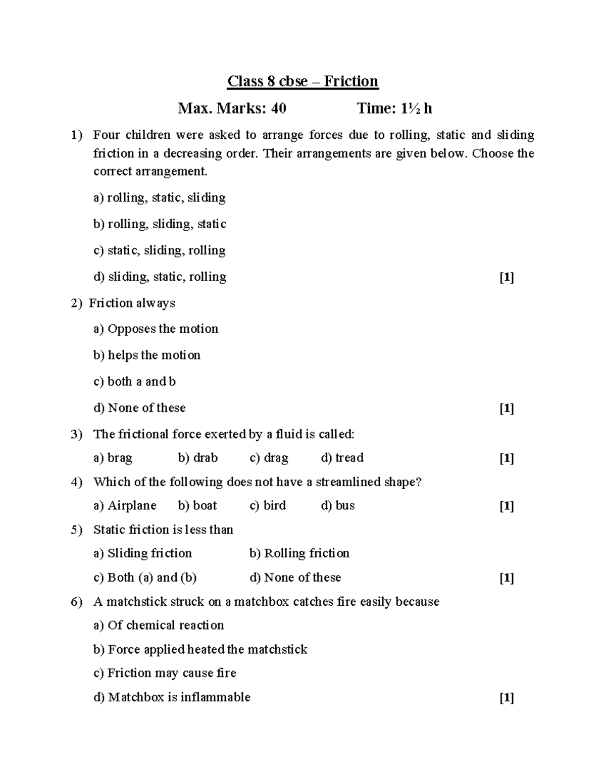 8th Friction test - useful test paper to prepare for school exam ...