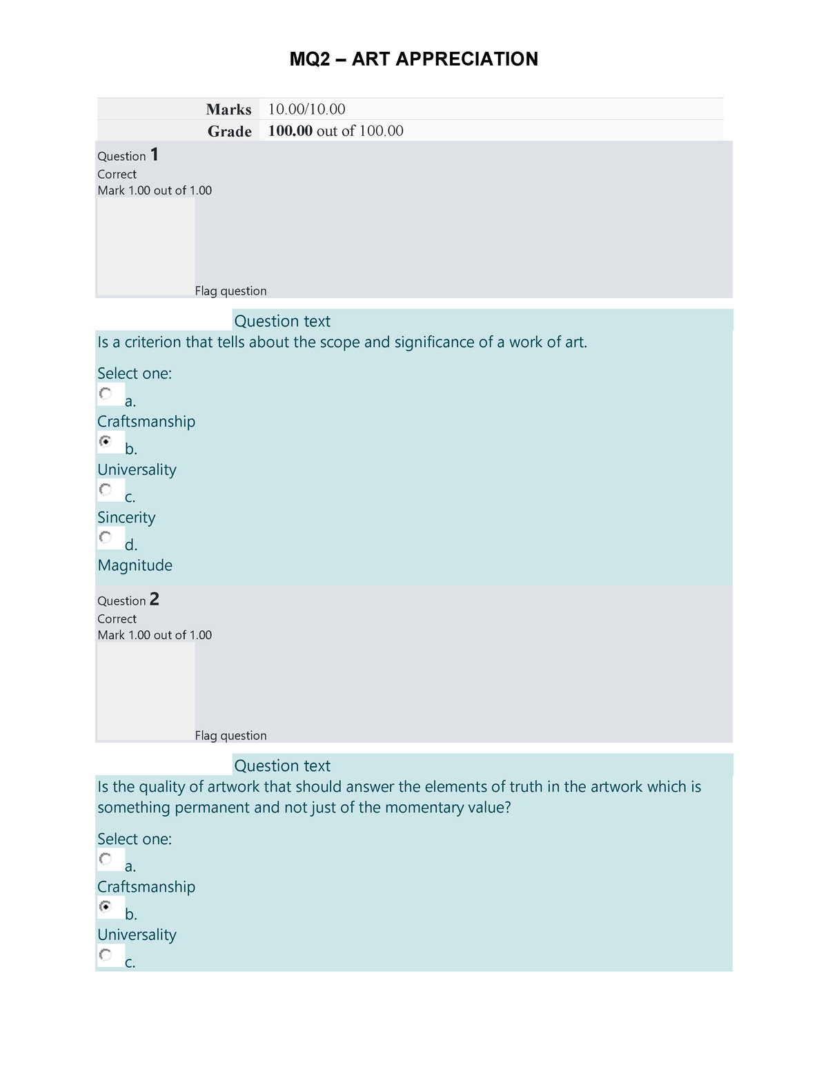 Midterm Quiz 2 - Art Appreciation Quiz 2 - Marks 10/10. Grade 100 Out ...