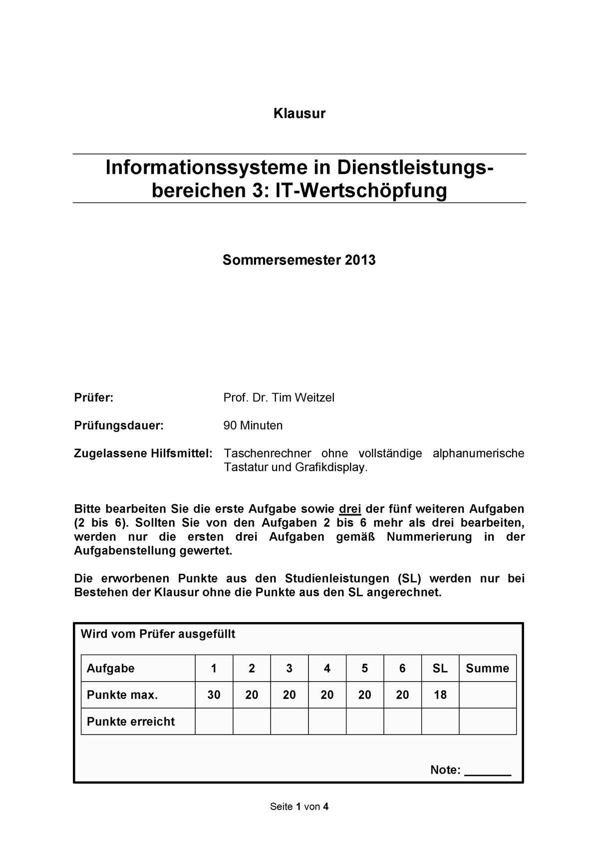 Klausur Sommersemester 2013, Fragen - Klausur Informationssysteme In ...