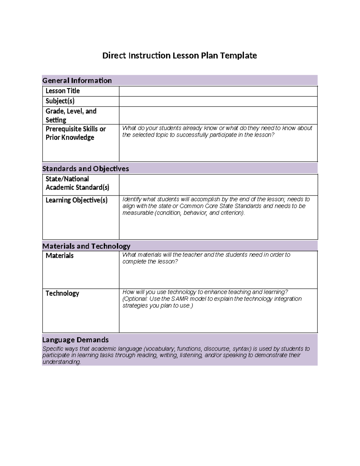 Direct Instruction Lesson Plan Template - Materials and Technology ...