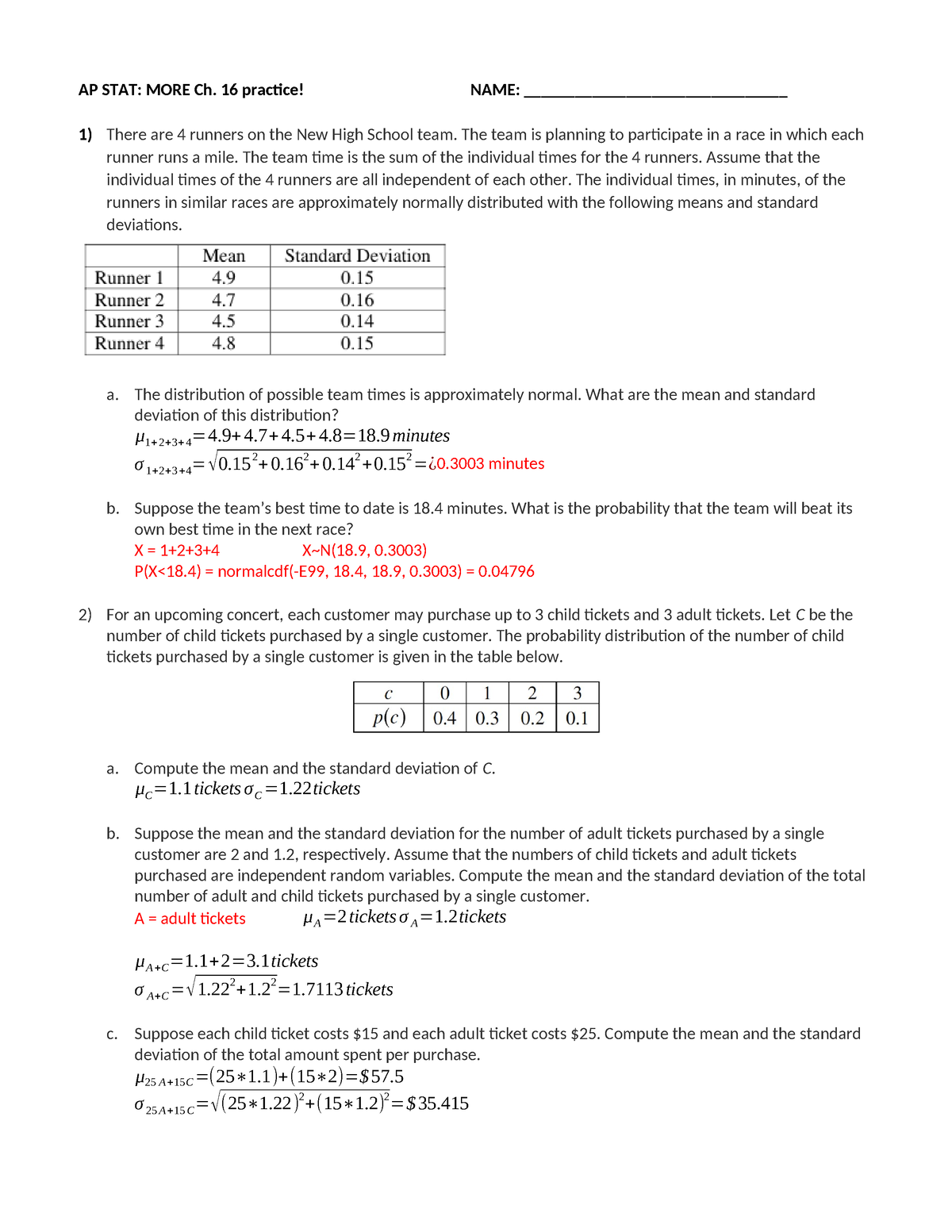 Ch. 16 Extra Practice- Answers - AP STAT: MORE Ch. 16 Practice! NAME ...