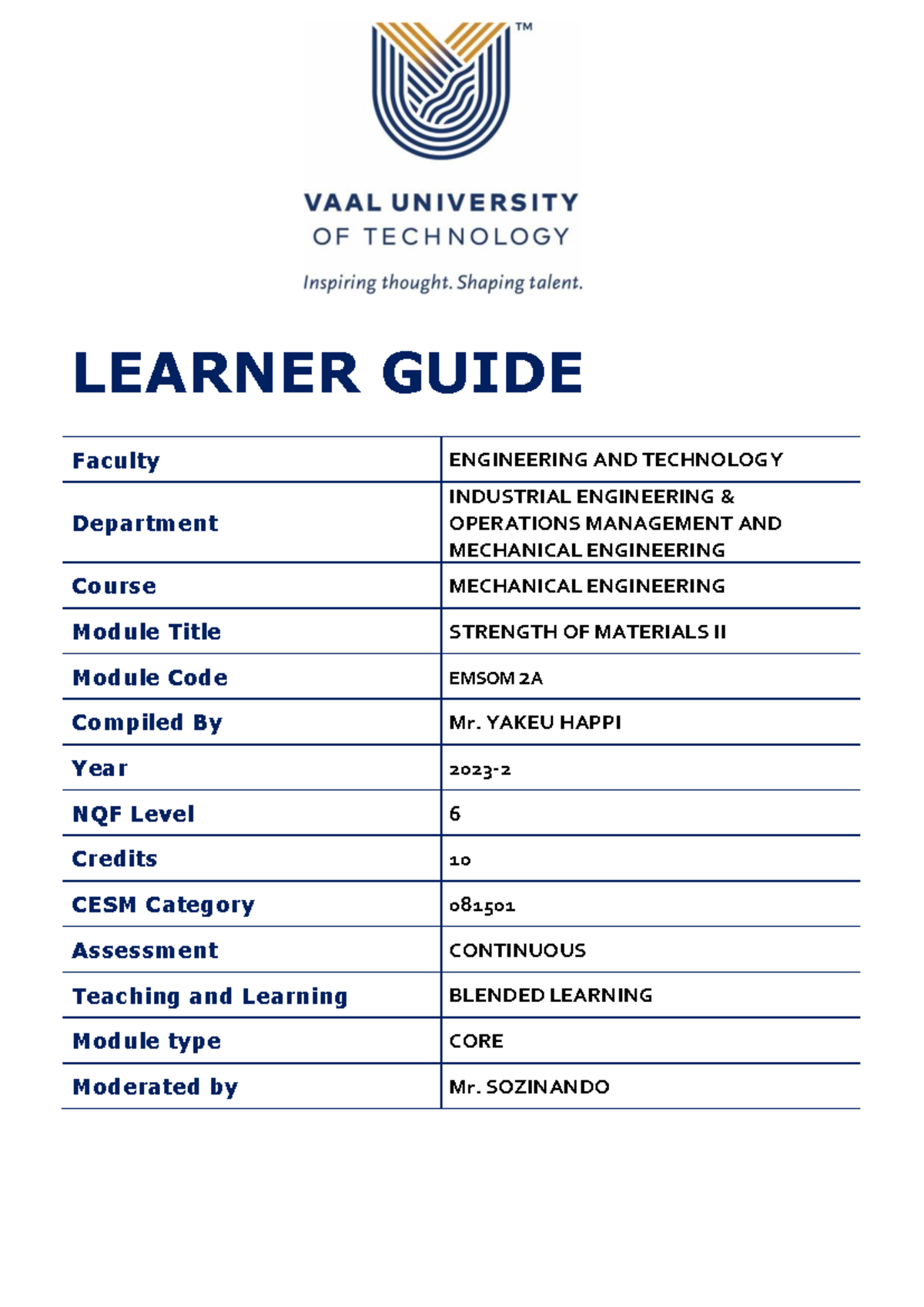 Learner Guide for Strength OF Materials II 2023 - LEARNER GUIDE Faculty ...