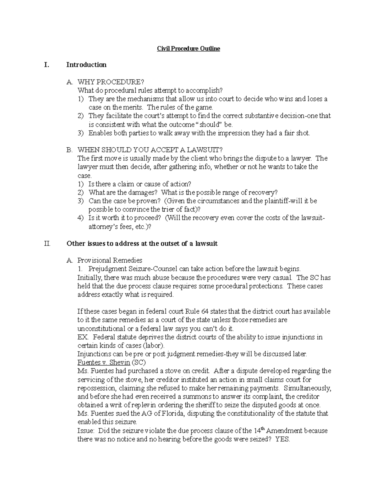 Civil Procedure Law Outline - 3 - Civil Procedure Outline I ...