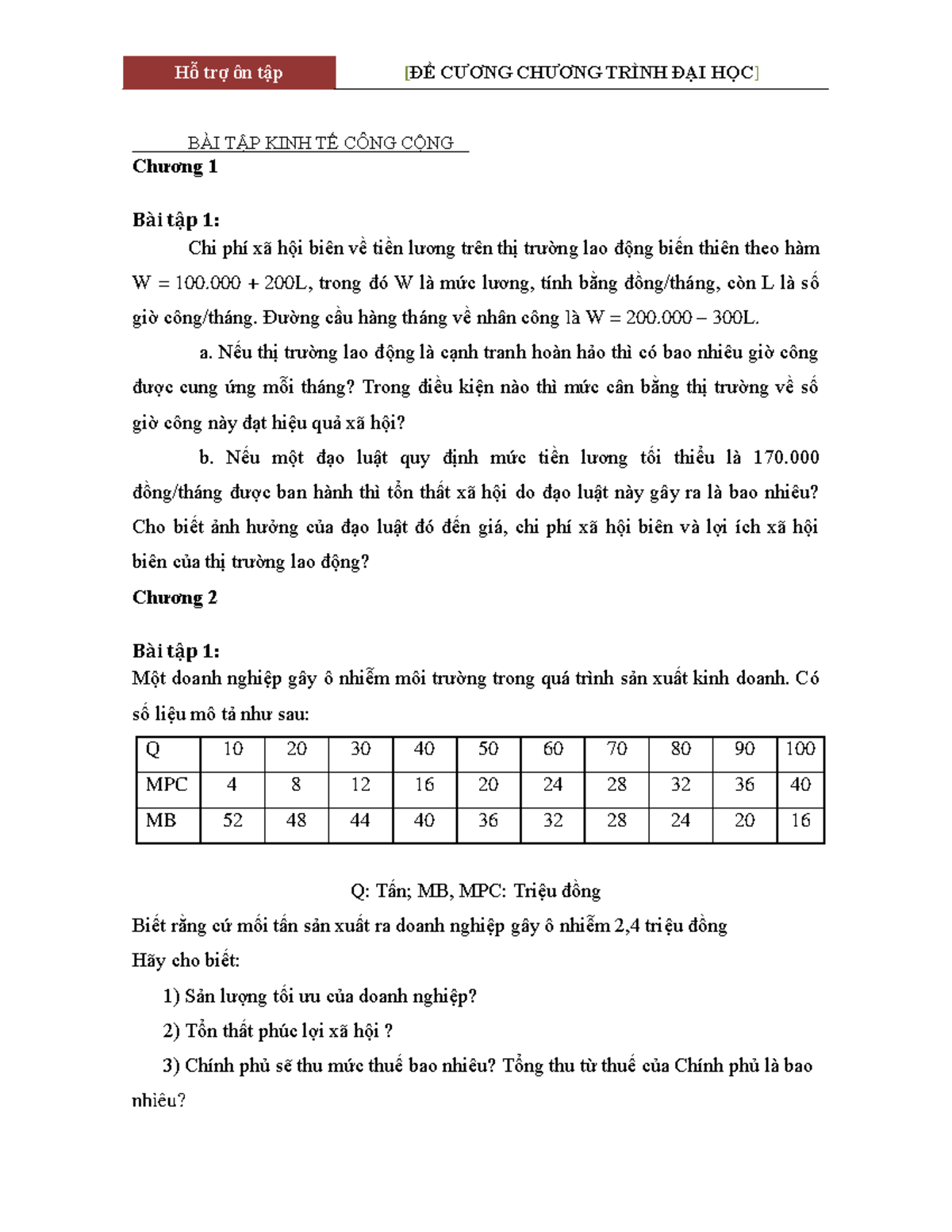 BÀI TẬP MÔN KINH TẾ CÔNG CỘNG - BÀI T¾P KINH TÀ CÔNG CàNG Ch¤¢ng 1 B‡i ...