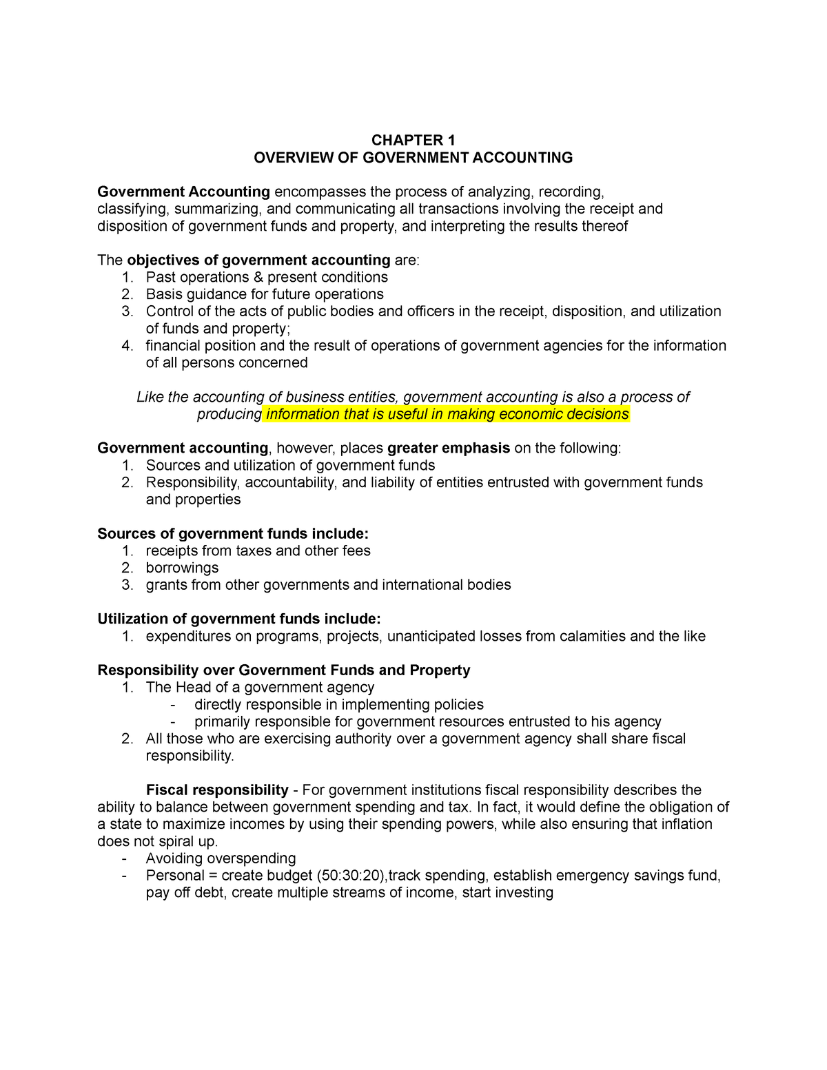 GOVERNMENT ACCOUNTING LECTURE NOTES CHAPTER 1 & 2 - CHAPTER 1 OVERVIEW ...