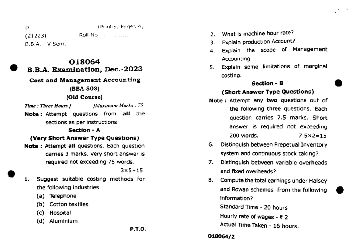 Bba 5 sem cost and management accounting o18064 dec 2023 - D (Printed ...