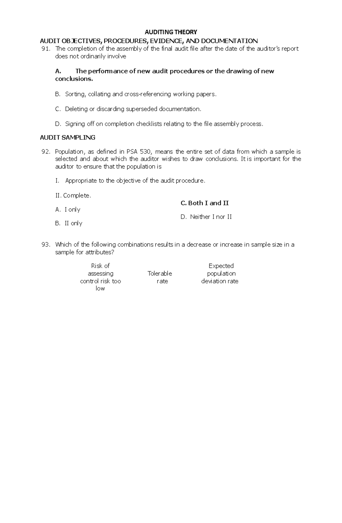 Auditing Theory- Quiz 4 - AUDITING THEORY AUDIT OBJECTIVES, PROCEDURES ...