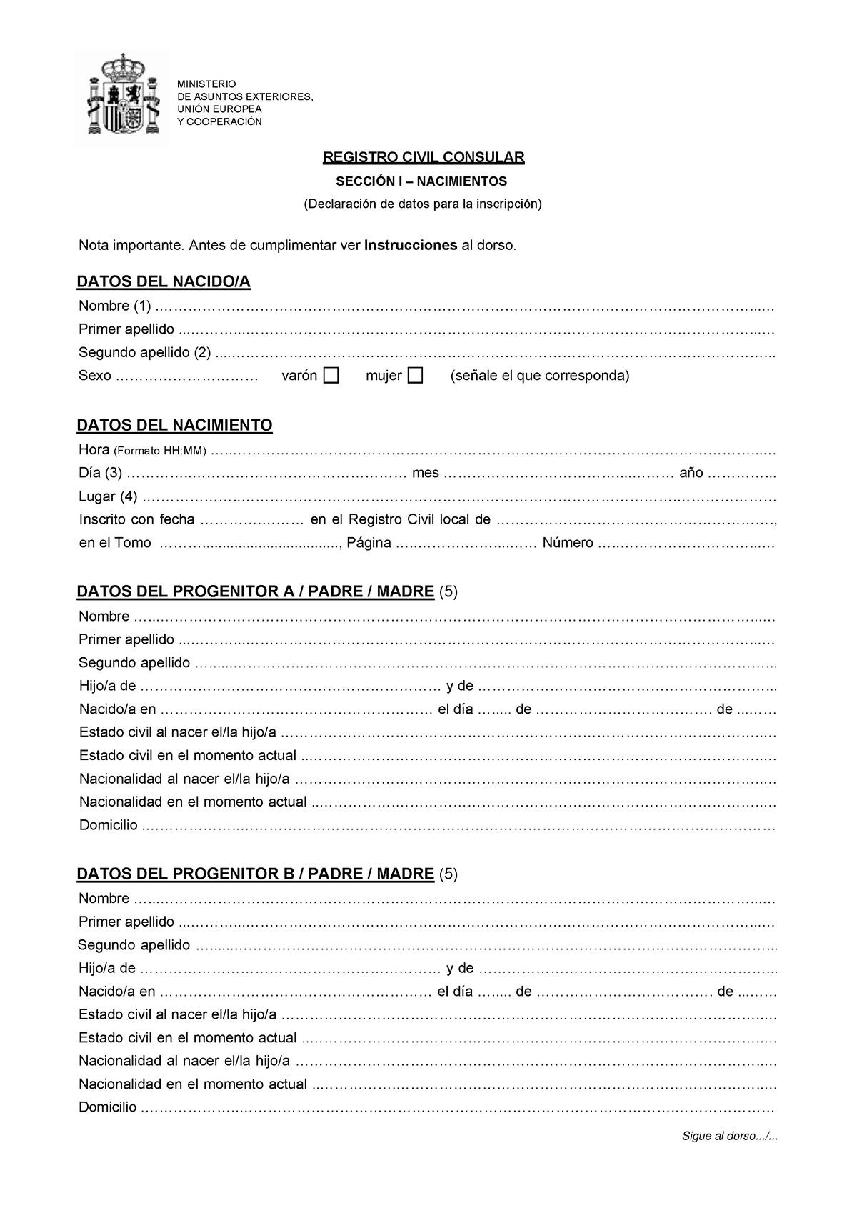 Hoja Declaratoria Inscripción Nacimiento Ministerio De Asuntos Exteriores UniÓn Europea Y 4152