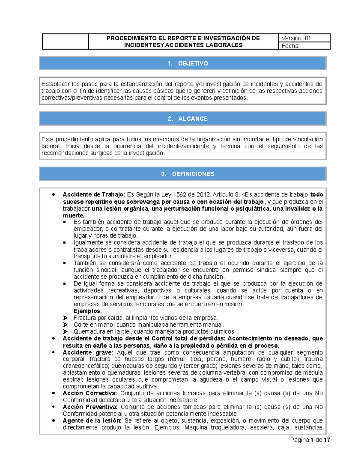 Procedimiento para el reporte e investigación de incidentes y ...
