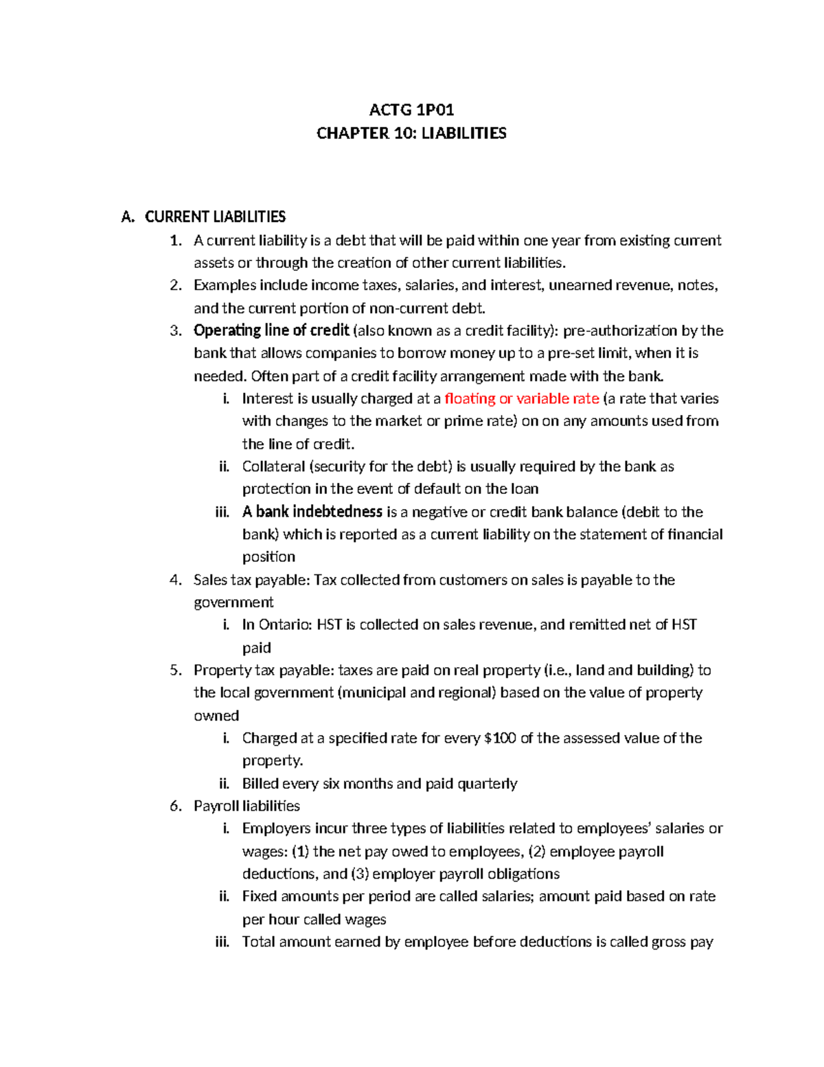 ACTG1P01 Chapter 10 - info - ACTG 1P CHAPTER 10: LIABILITIES A. CURRENT ...