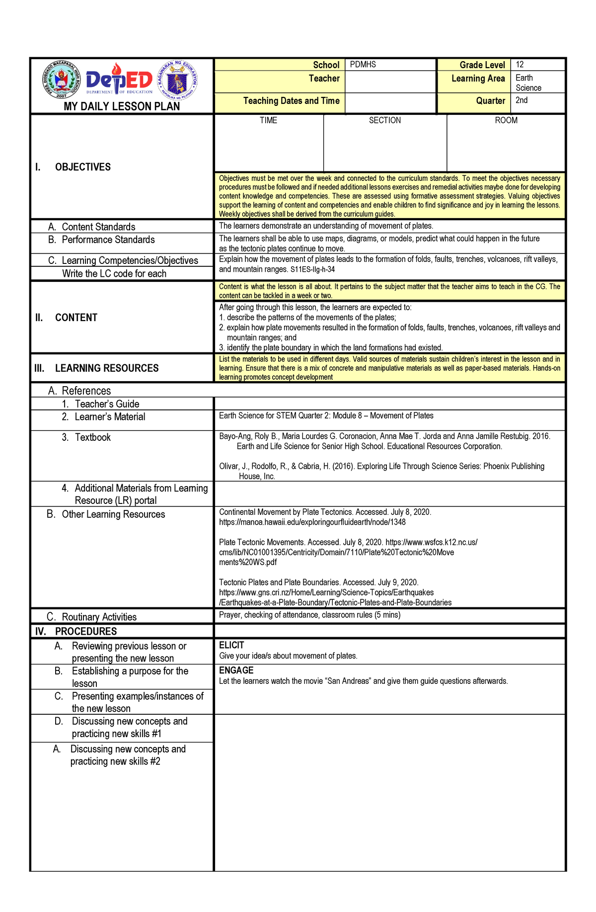 Dlp-dll Es - Dlp For Earth Science - My Daily Lesson Plan School Pdmhs 