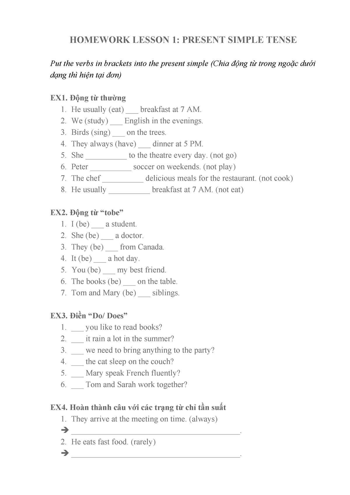 Homework Lesson 1 - Present simple tense - HOMEWORK LESSON 1: PRESENT ...