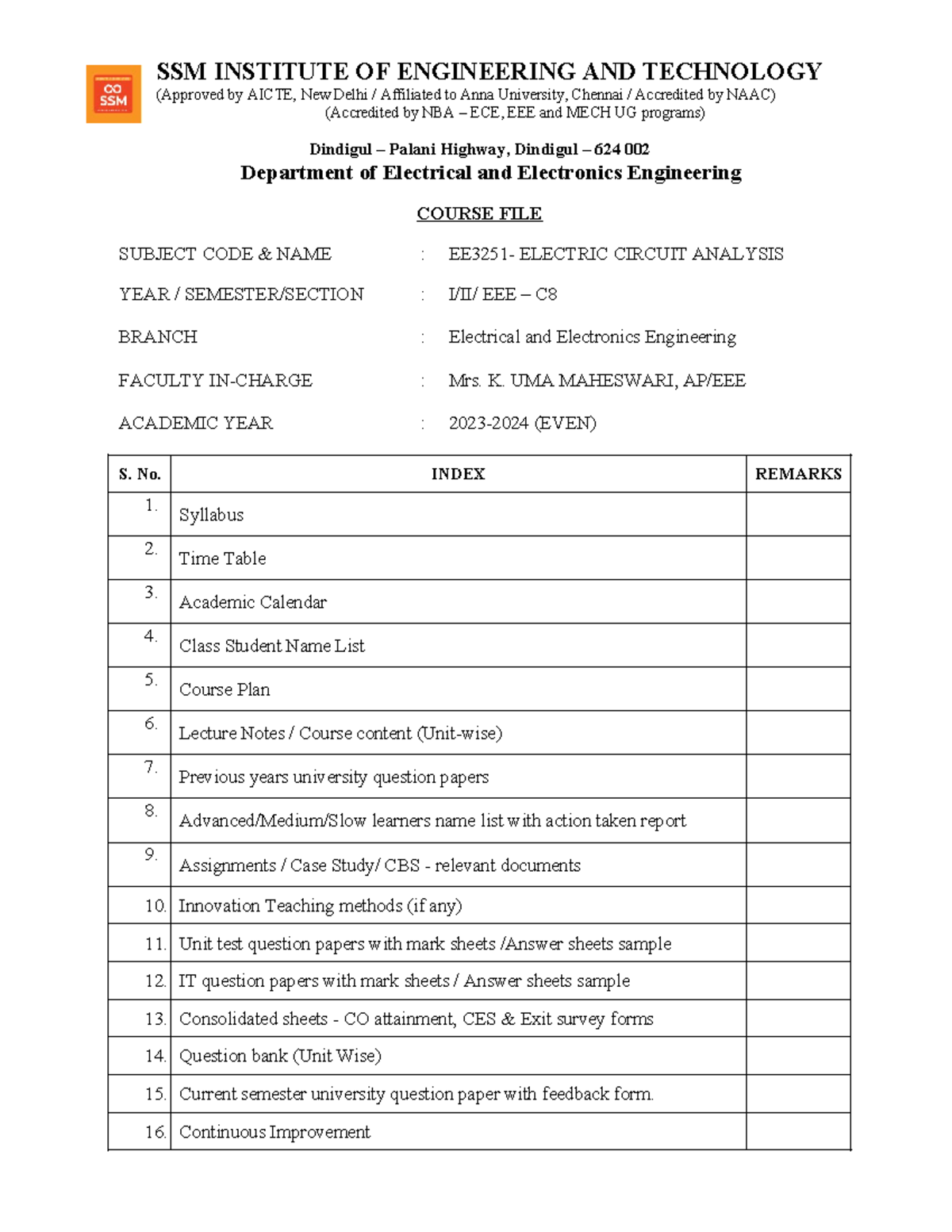 Cs course file front page - SSM INSTITUTE OF ENGINEERING AND TECHNOLOGY ...