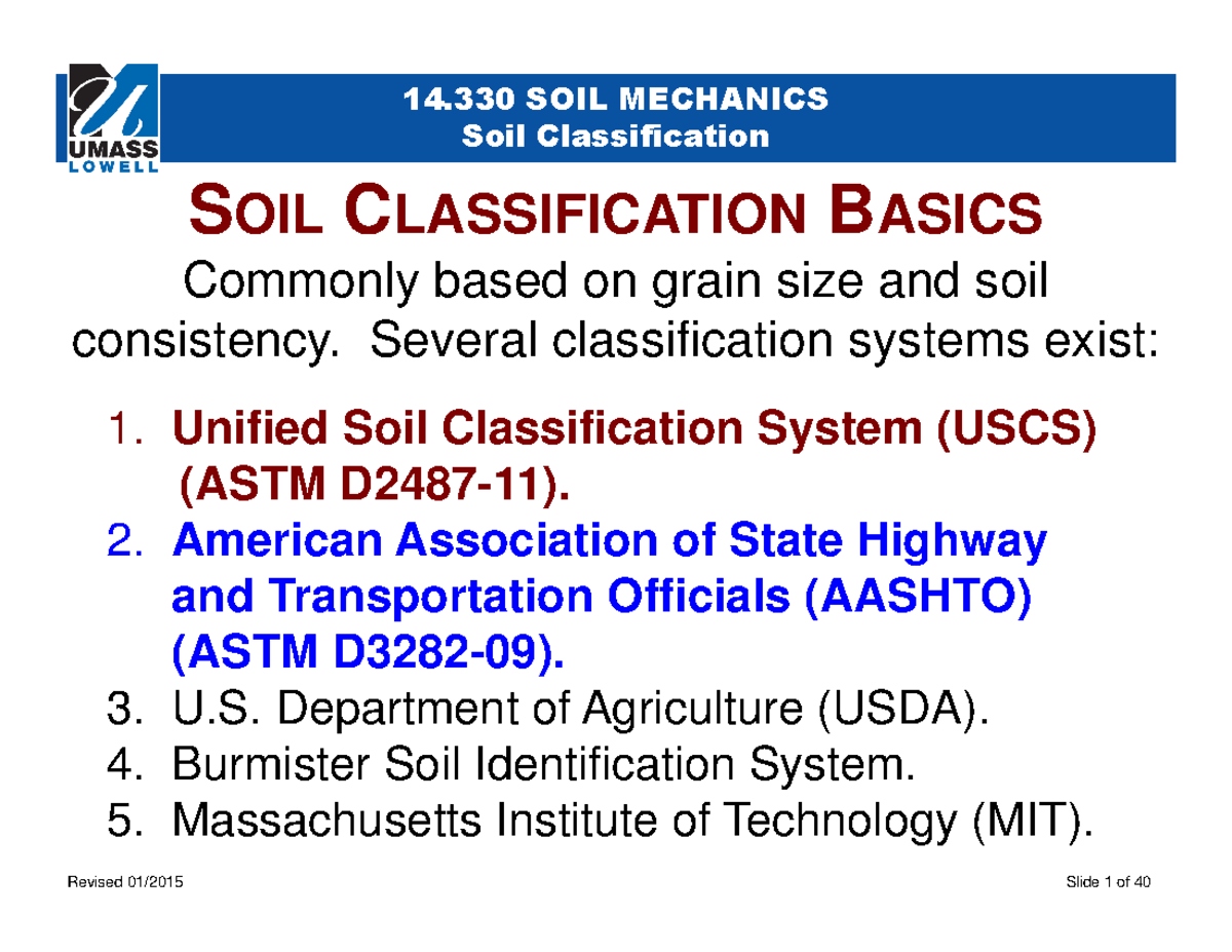 USCS LECTURE AND CHARTS Soil Classification SOIL CLASSIFICATION