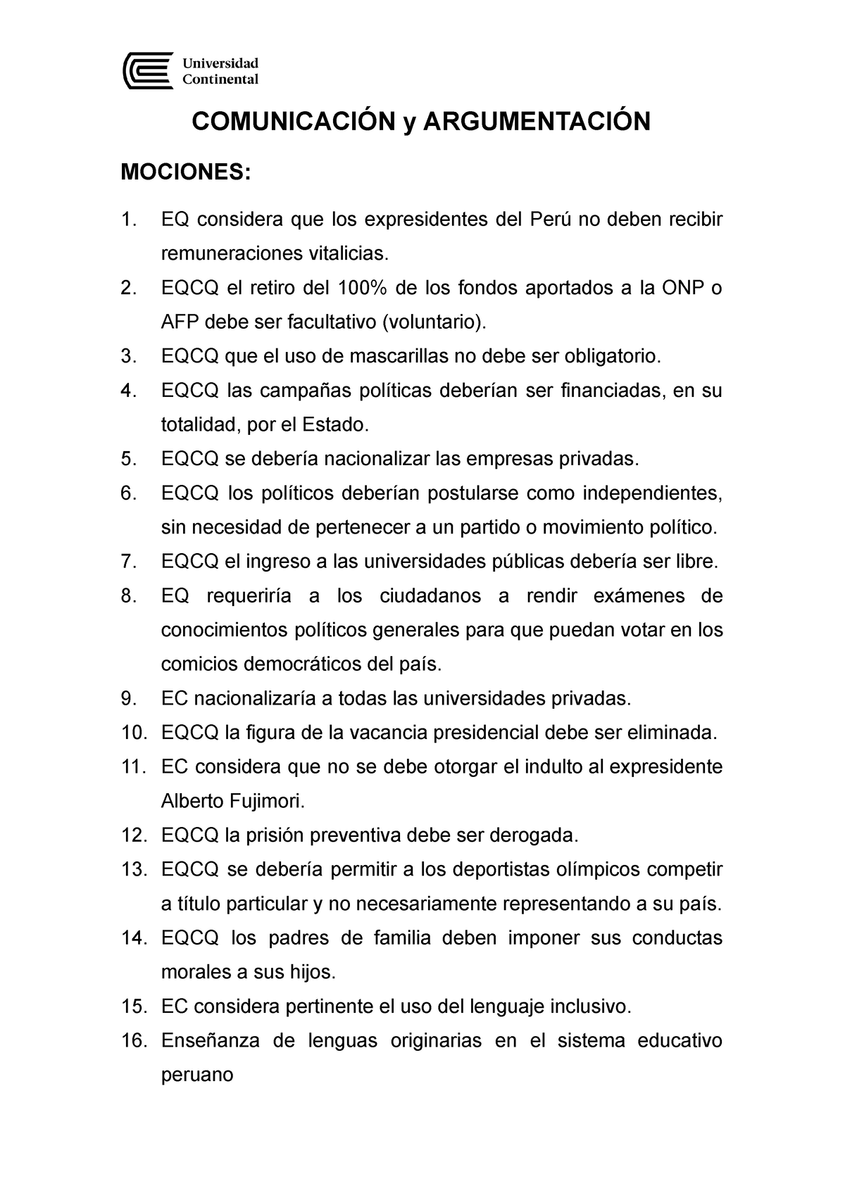 Mociones Para El Debate 2022 - COMUNICACIÓN Y ARGUMENTACIÓN MOCIONES ...