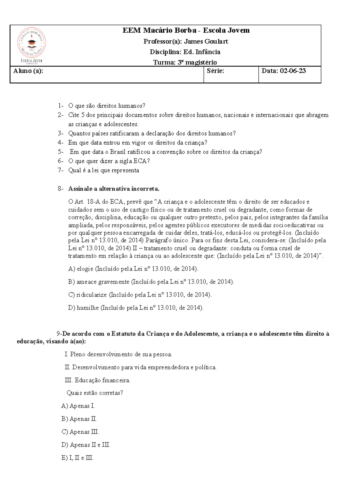 Avaliação mag sdsdsds EEM Macário Borba Escola Jovem Professor(a