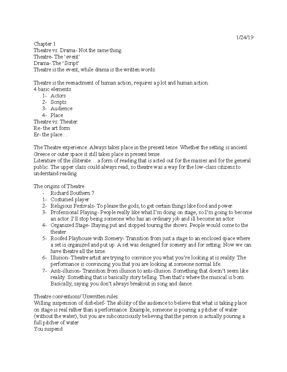 Theatre notes - 1/24/19 Chapter 1 Theatre vs. Drama- Not the same thing ...