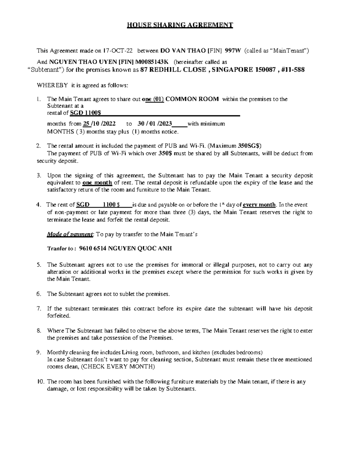 House Sharing Agreement-Thao-Uyen - HOUSE SHARING AGREEMENT This ...